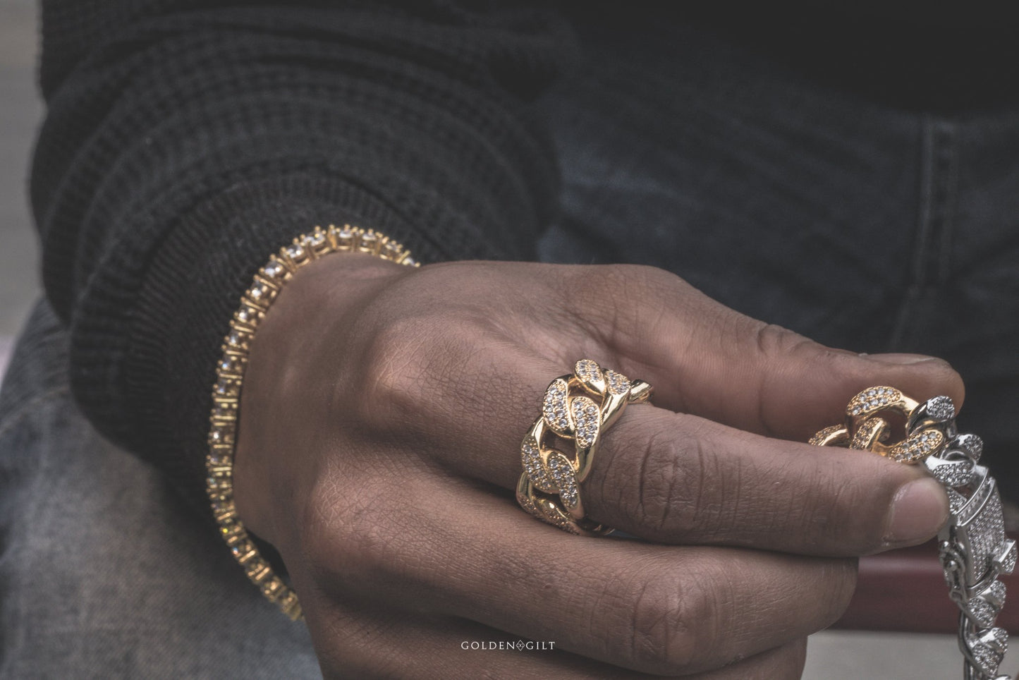 Studded Cuban Link Ring - 18K Gold Plated - GOLDEN GILT