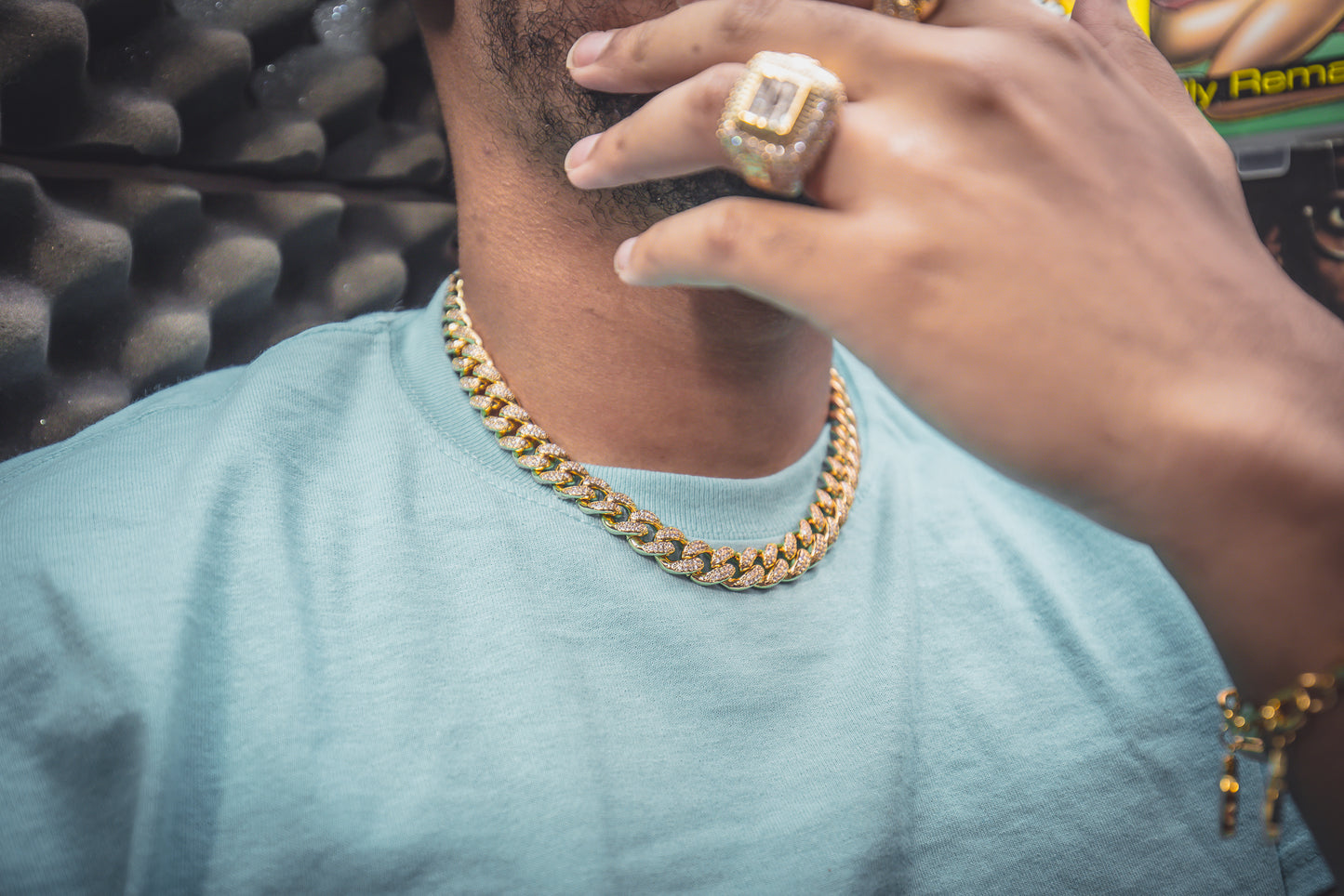 14MM Studded Cuban Link Necklace - GOLDEN GILT