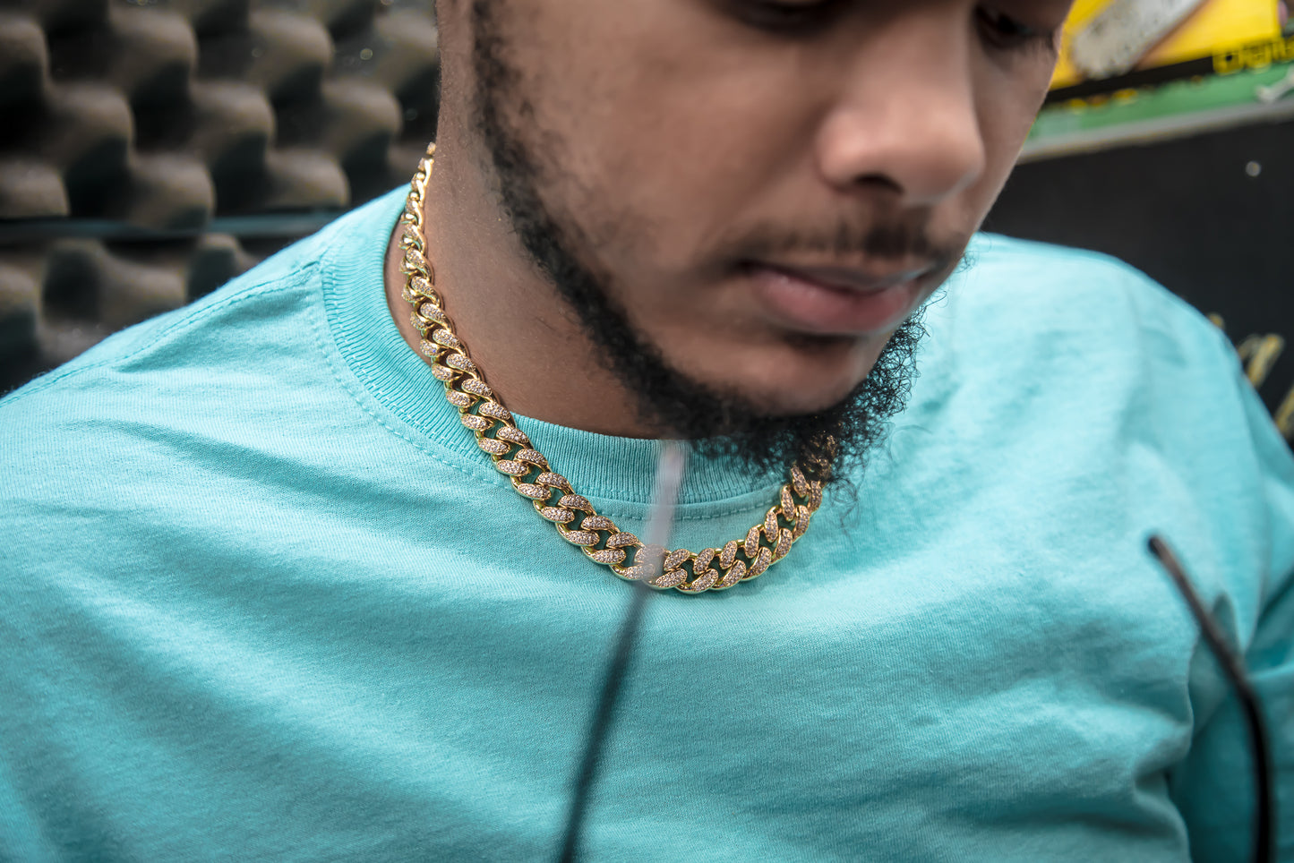 14MM Studded Cuban Link Necklace - GOLDEN GILT