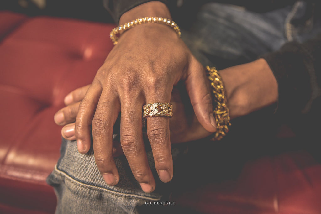 Studded Cuban Link Ring - 18K Gold Plated - GOLDEN GILT