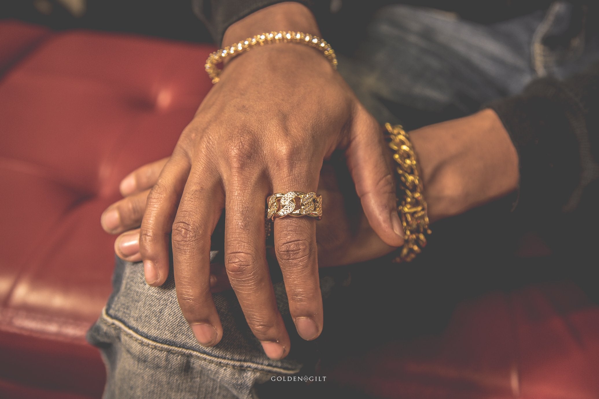 Studded Cuban Link Ring - 18K Gold Plated - GOLDEN GILT