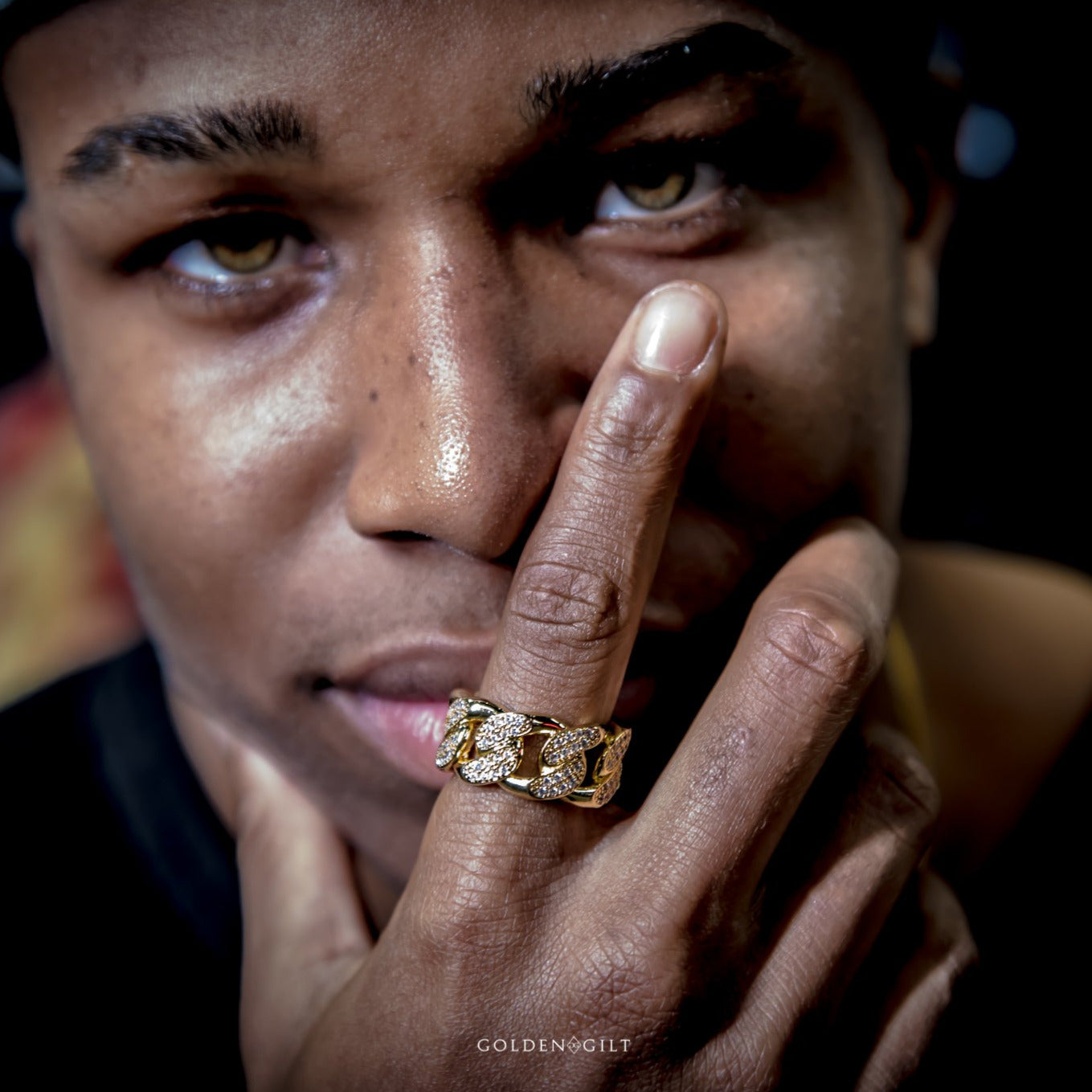 Studded Cuban Link Ring - 18K Gold Plated - GOLDEN GILT